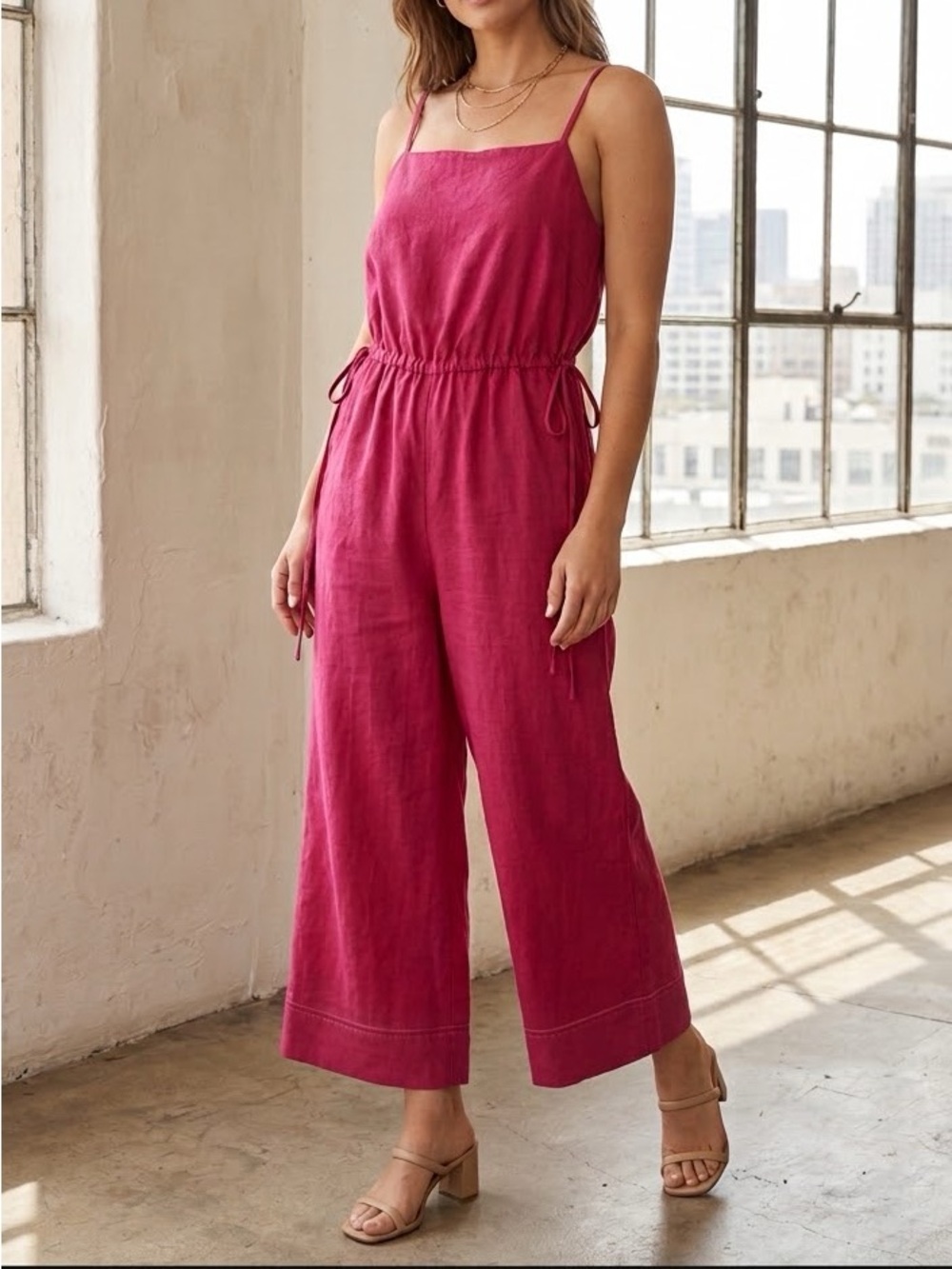 Magaschoni 100% Linen Fuchsia Pink Jumpsuit Drawstring Waist Fully Lined Size M